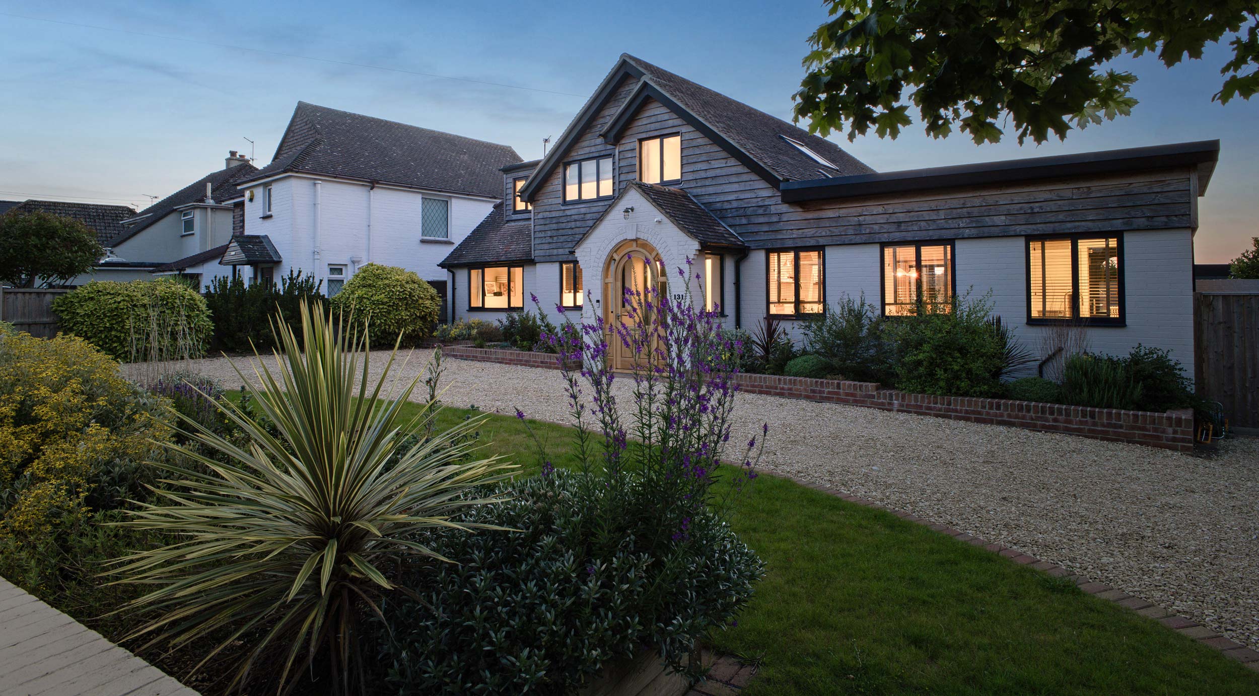 A rennovated house at dusk
